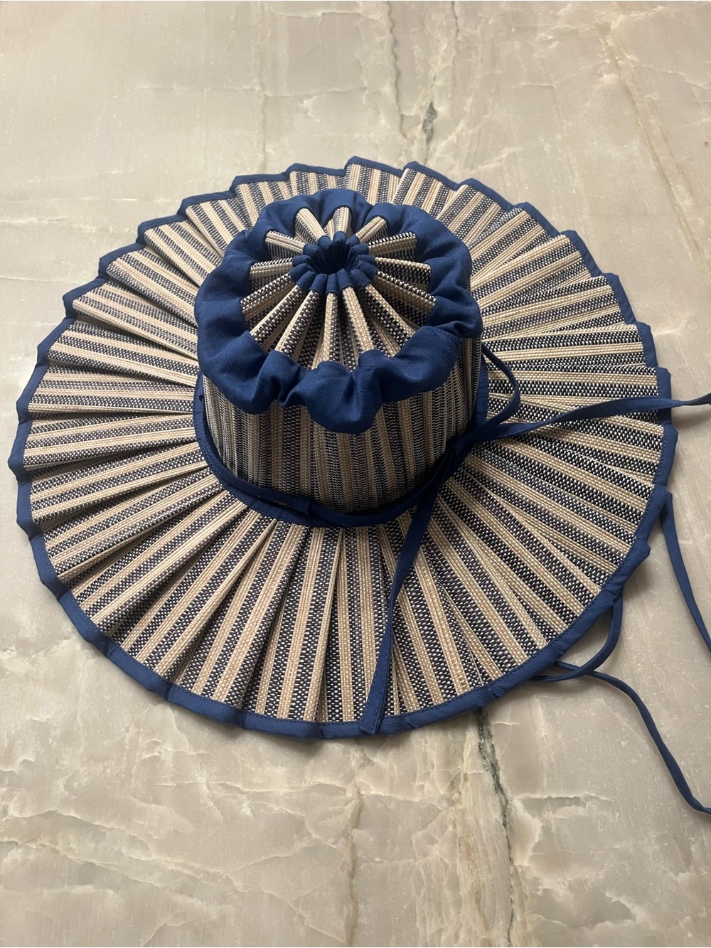 Striped blue and Cream Pleated Wide-Brim Sun Hat Lorna Murray